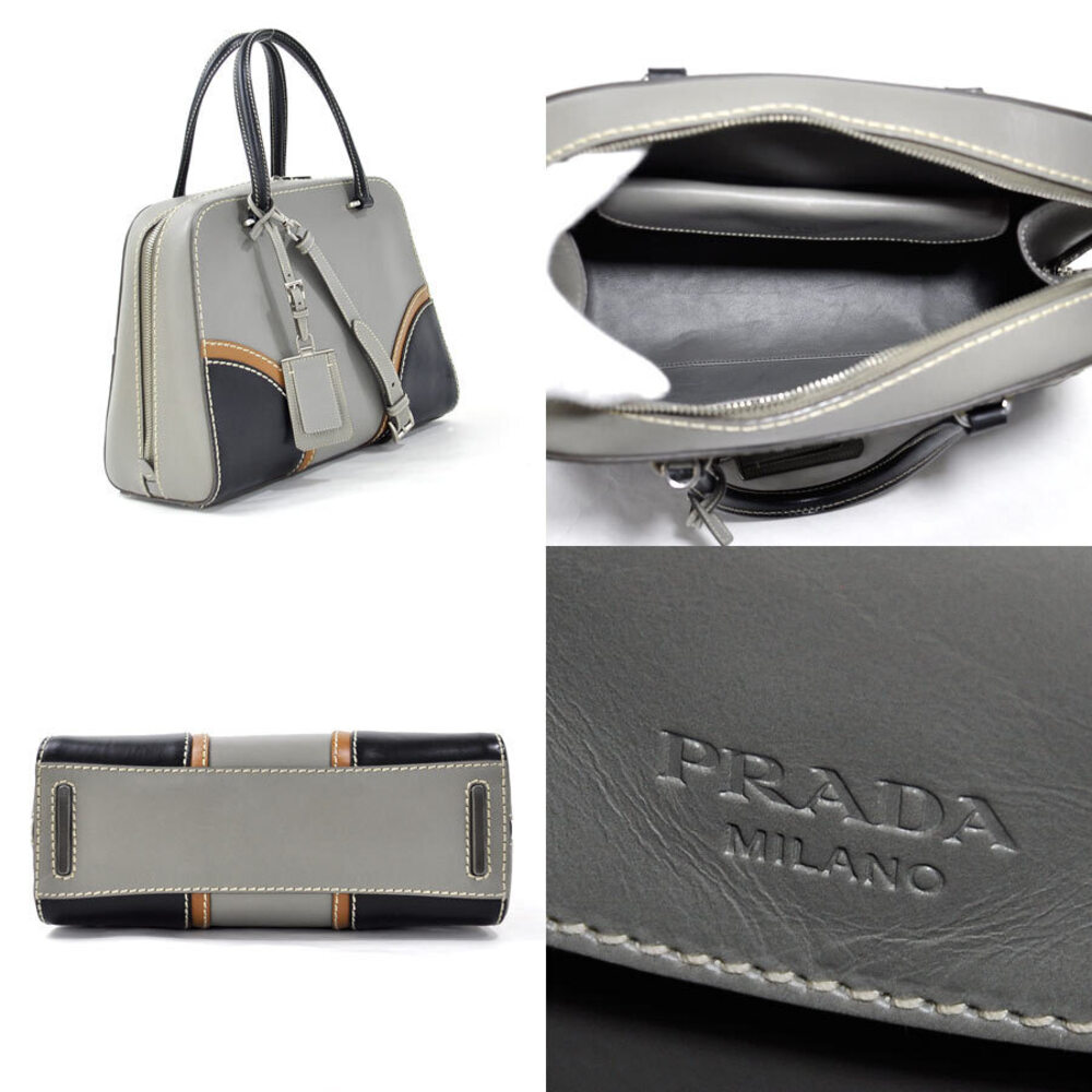 PRADA Handbag Shoulder Bag Gray Brown Black Leather Classic - Picture 2 of 3
